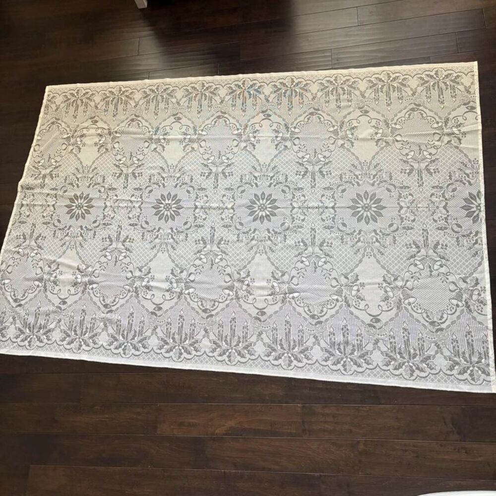 Large Vintage Cream Lace Christmas Tablecloth Cottagecore Holiday Winter Decor